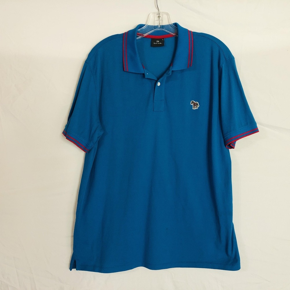 PS Paul Smith Polo Shirt Mens XL Blue Zebra Logo Tipped Collar Embroidered Pique